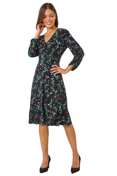 Roman Black Floral Print Button Tea Stretch Dress