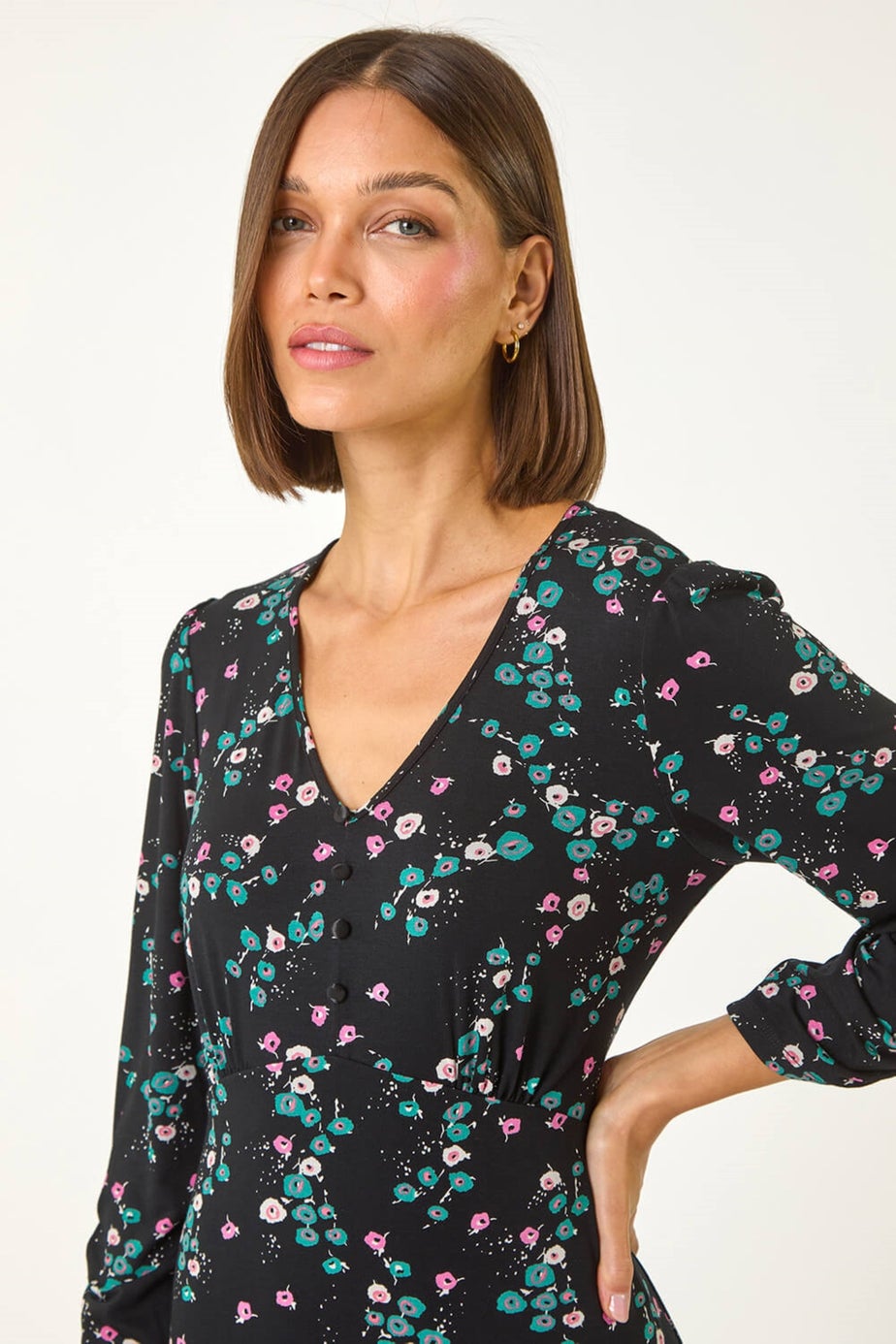 Roman Black Floral Print Button Tea Stretch Dress