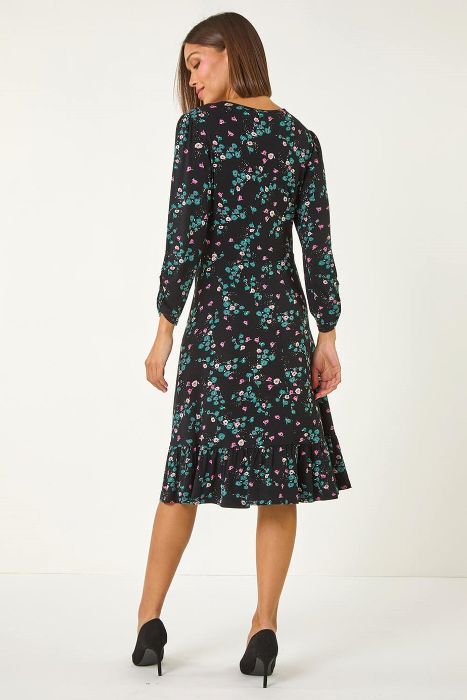 Roman Black Floral Print Button Tea Stretch Dress
