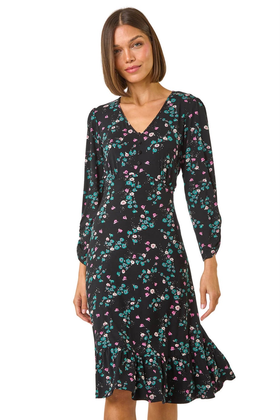 Roman Black Floral Print Button Tea Stretch Dress