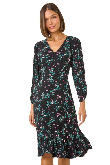 Roman Black Floral Print Button Tea Stretch Dress