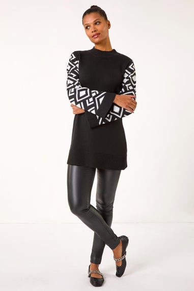 Roman Black Patterned Sleeve Tunic Knit Jumper
