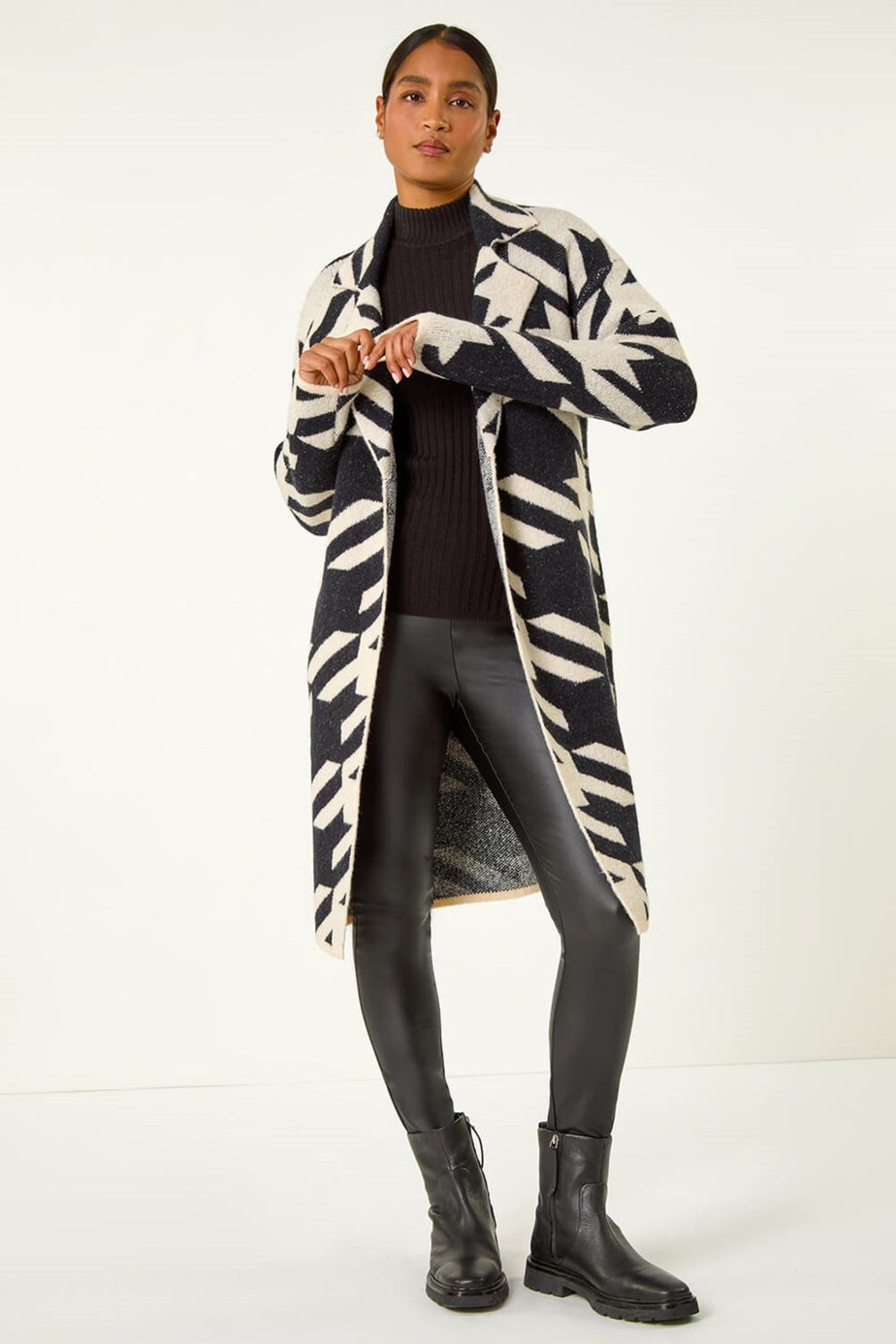 Roman Black Houndstooth Pattern Knit Coatigan