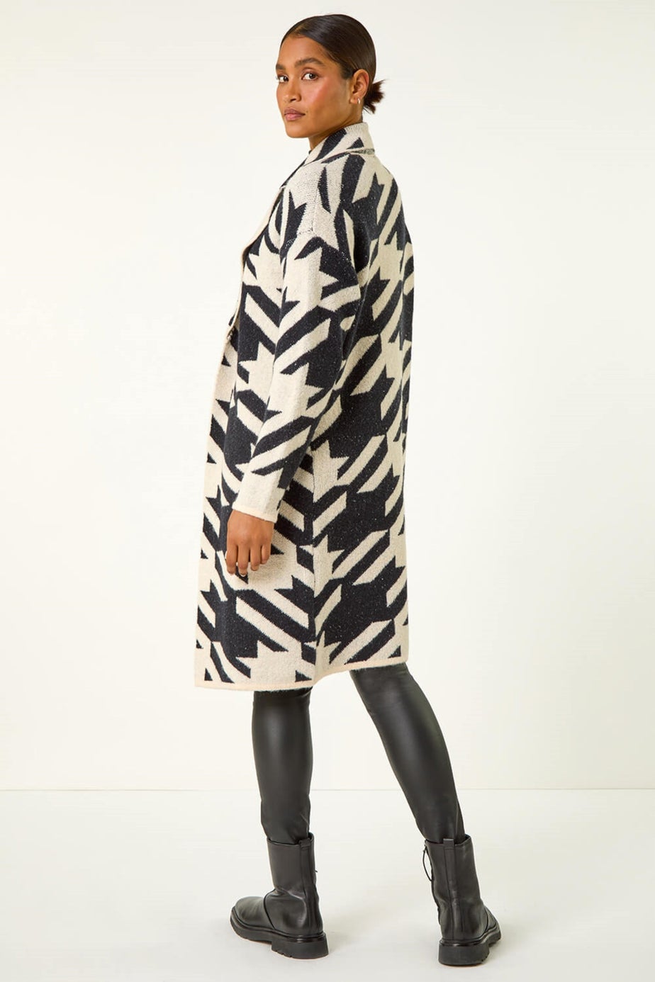 Roman Black Houndstooth Pattern Knit Coatigan