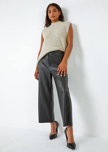 Roman Black Faux Leather Wide Leg Crop Trousers