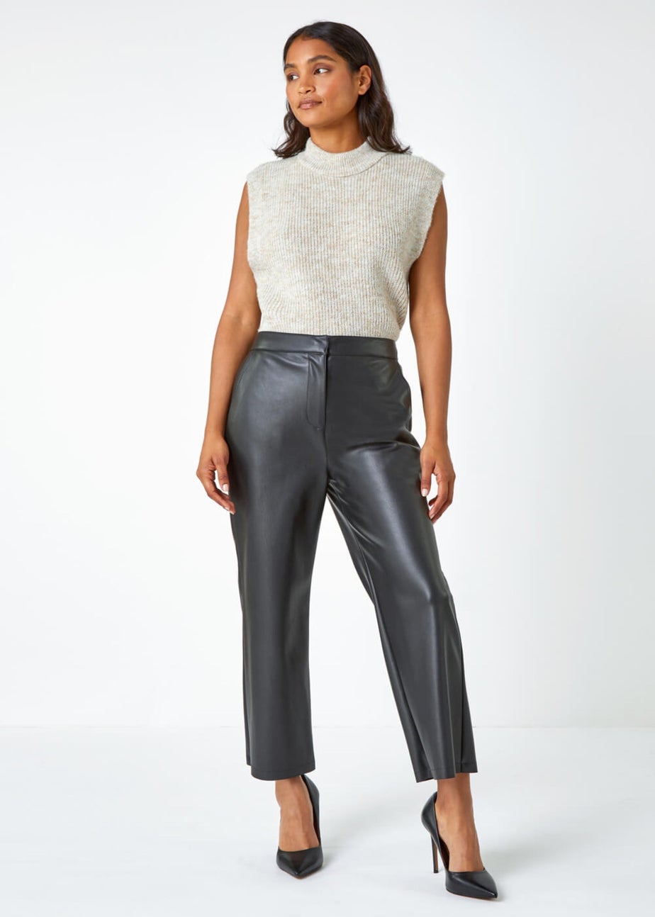 Roman Black Faux Leather Wide Leg Crop Trousers