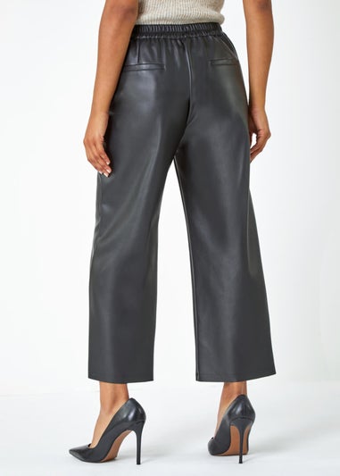 Roman Black Faux Leather Wide Leg Crop Trousers