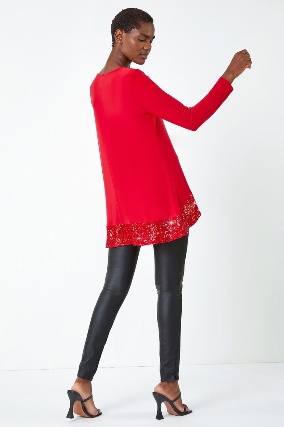 Roman Red Sequin Hem Tunic Stretch Top