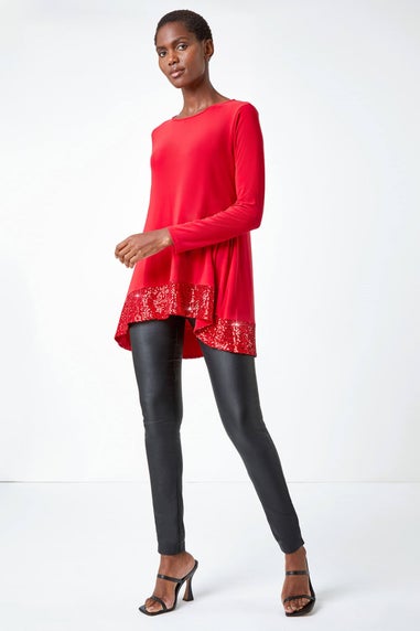 Roman Red Sequin Hem Tunic Stretch Top