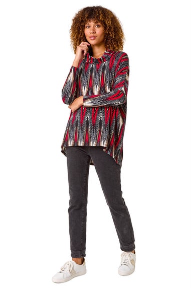 Roman Red Abstract Relaxed Cowl Neck Tunic Top