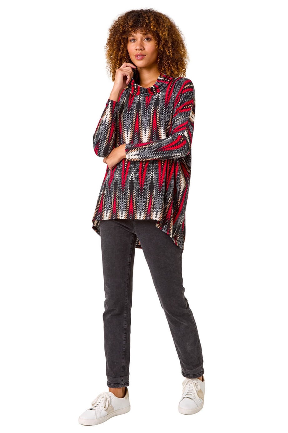 Roman Red Abstract Relaxed Cowl Neck Tunic Top