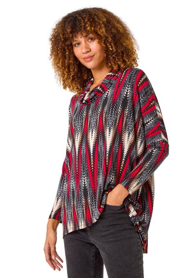 Roman Red Abstract Relaxed Cowl Neck Tunic Top