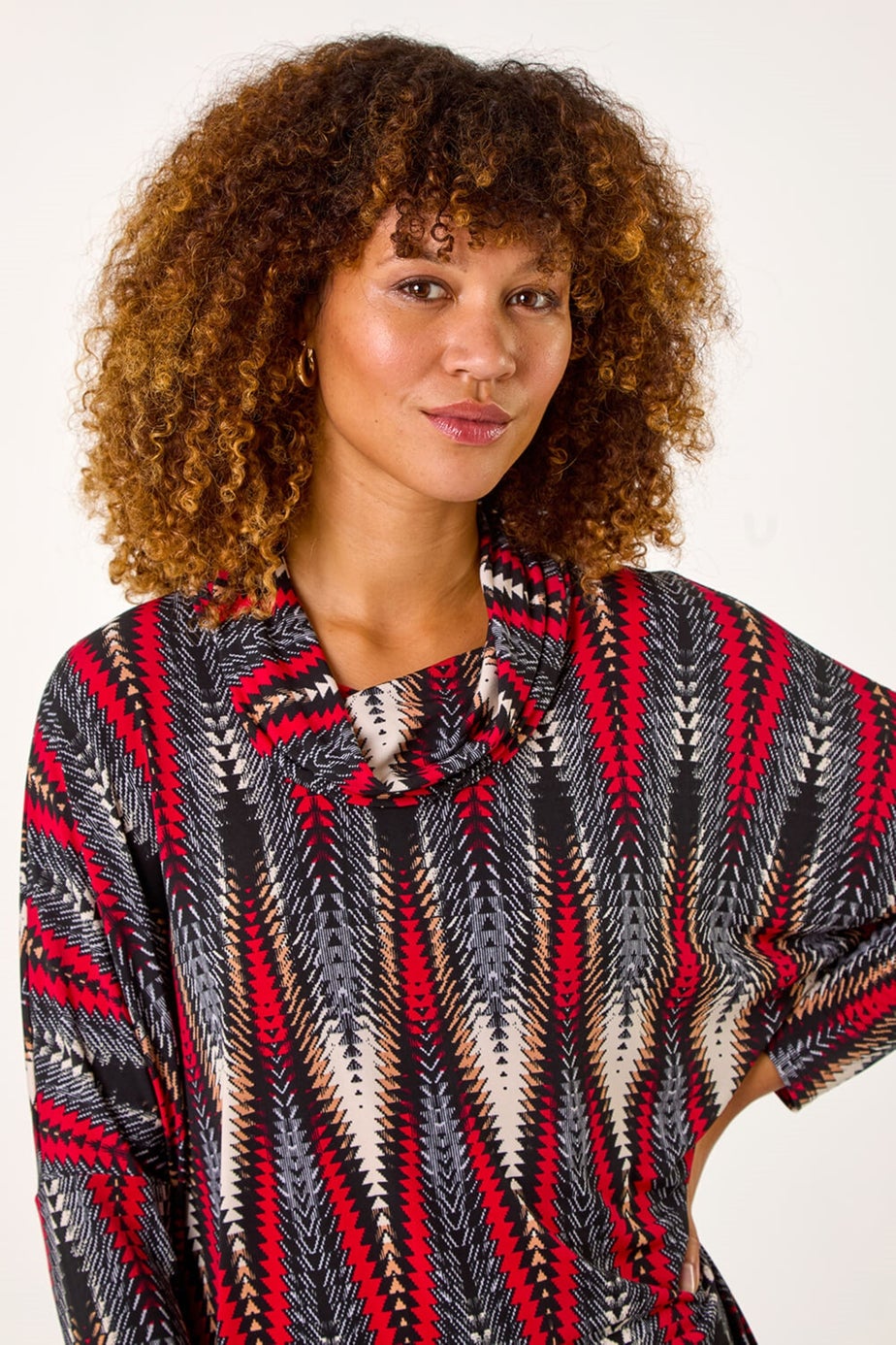 Roman Red Abstract Relaxed Cowl Neck Tunic Top