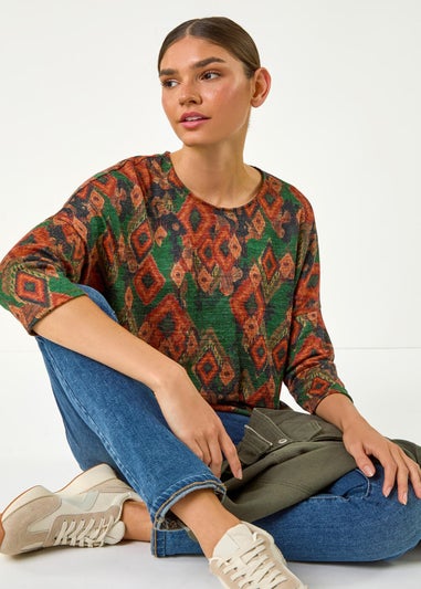 Roman Green Abstract Aztec Print Top