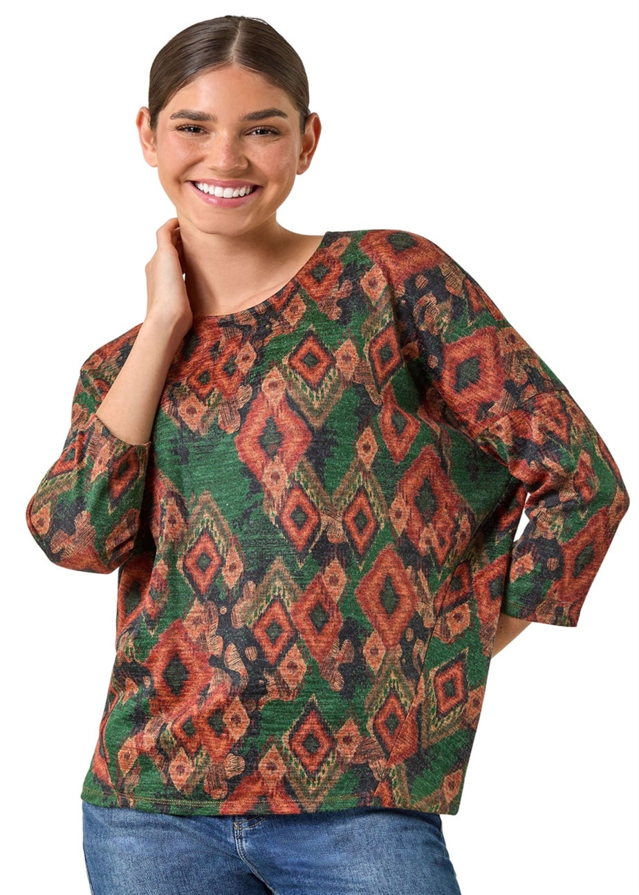 Roman Green Abstract Aztec Print Top