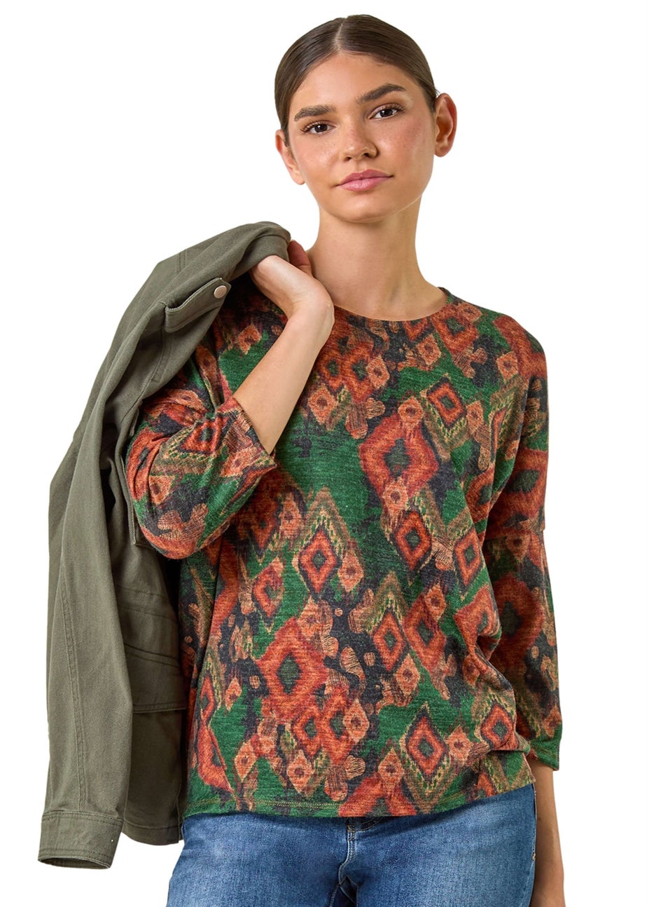 Roman Green Abstract Aztec Print Top