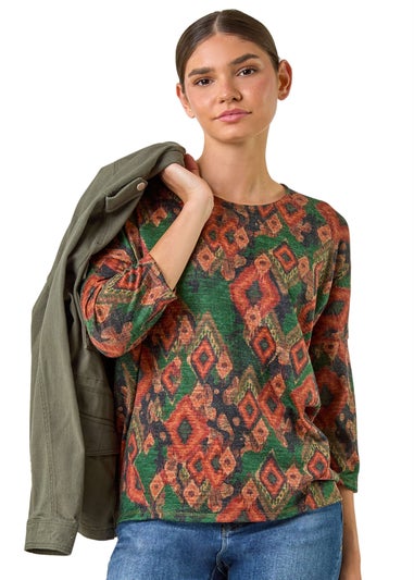 Roman Green Abstract Aztec Print Top