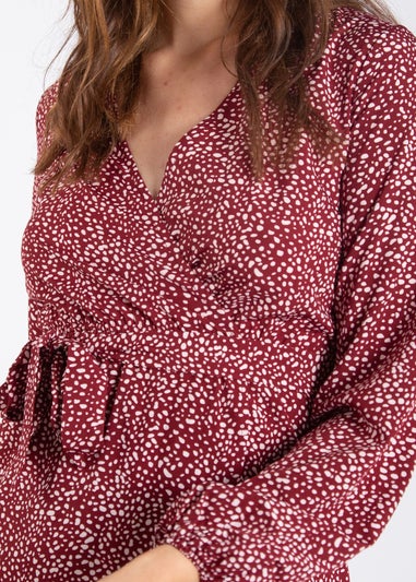 Gini London Burgundy Animal Print Split Detail Midi Wrap Dress