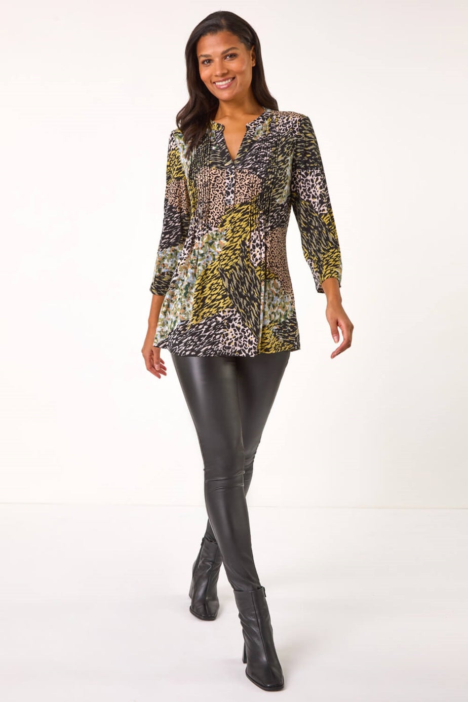 Roman Green Contrast Pattern Pintuck Pleat Shirt