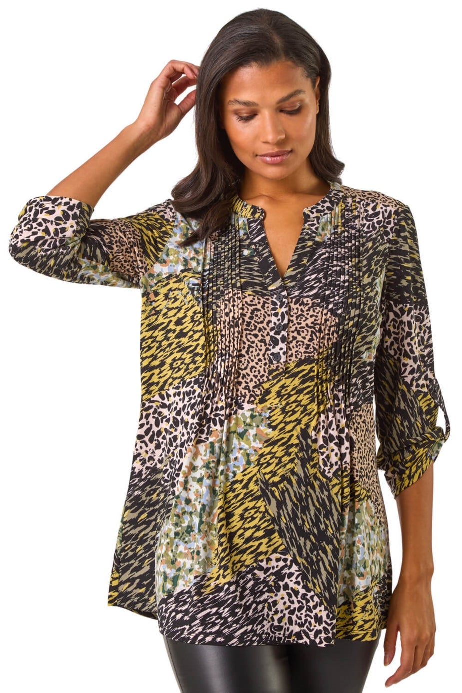 Roman Green Contrast Pattern Pintuck Pleat Shirt
