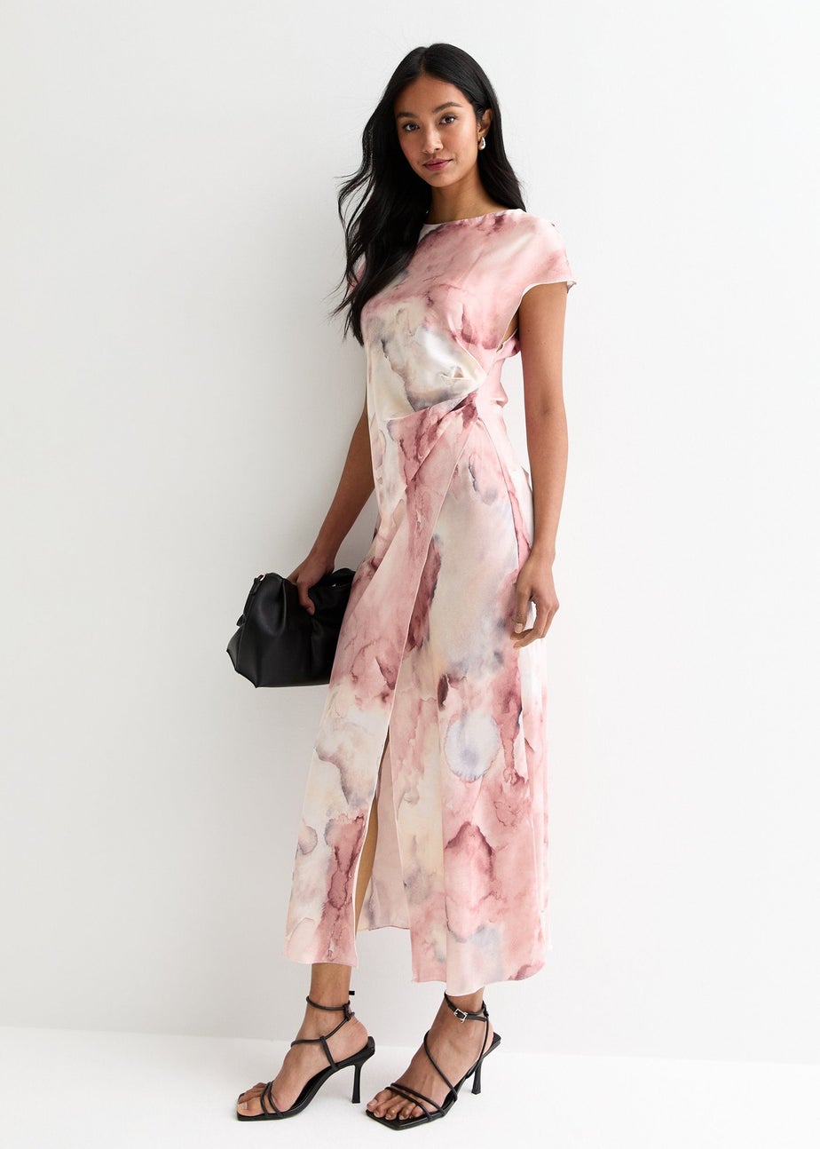 Gini London Pink Floral Water Print Wrap Midi Dress