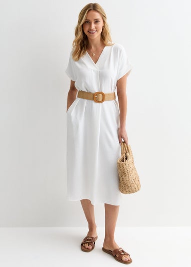 White V Neck Raffia Belt Tunic Dress