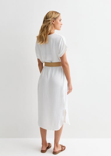 White V Neck Raffia Belt Tunic Dress