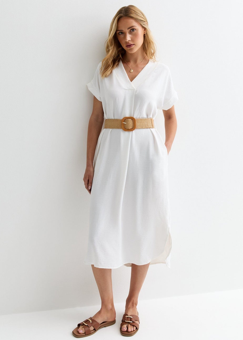 White V Neck Raffia Belt Tunic Dress