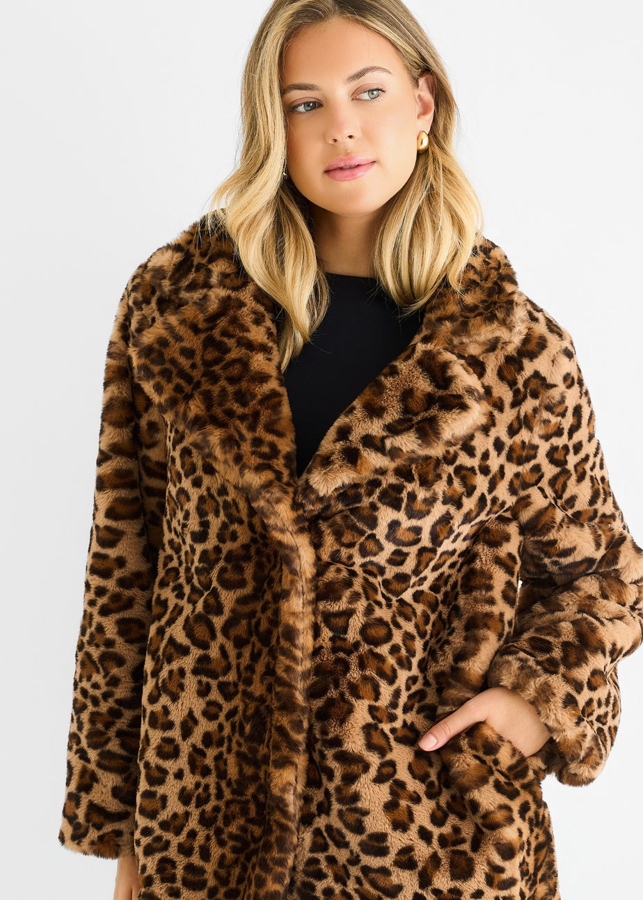 Gini London Brown Leopard Print Faux Fur Coat Jacket