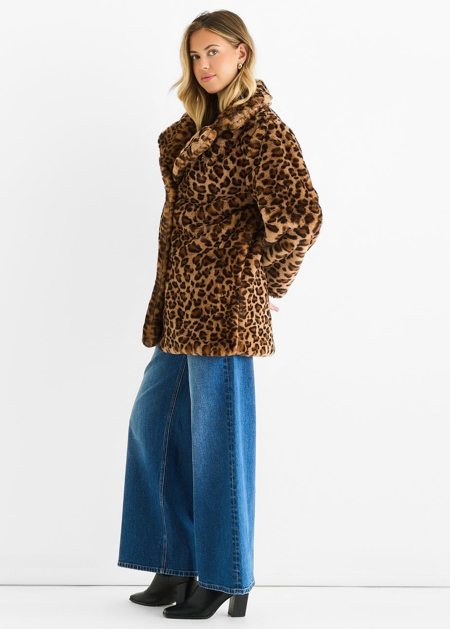 Gini London Brown Leopard Print Faux Fur Coat Jacket