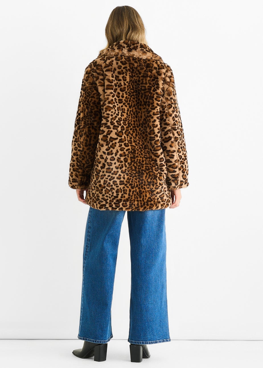 Gini London Brown Leopard Print Faux Fur Coat Jacket