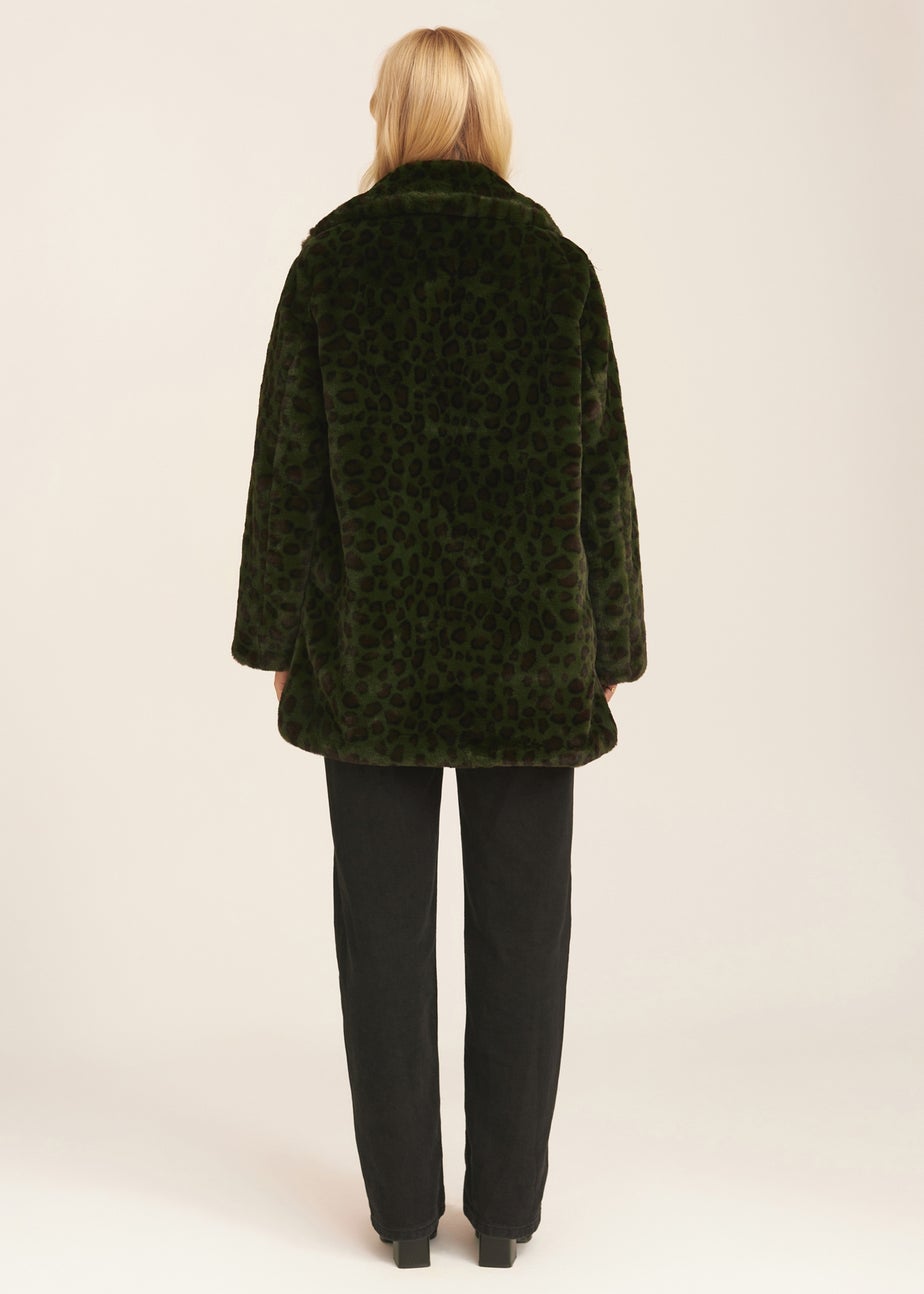 Gini London Khaki Leopard Print Faux Fur Coat Jacket