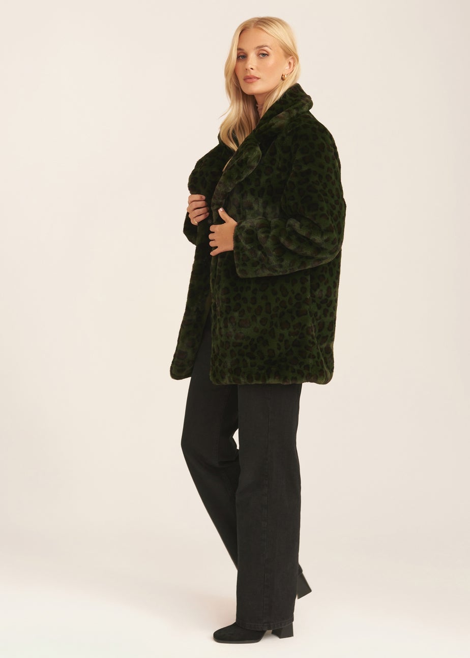 Gini London Khaki Leopard Print Faux Fur Coat Jacket