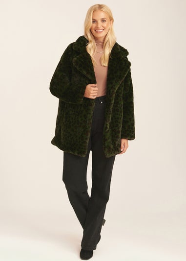 Gini London Khaki Leopard Print Faux Fur Coat Jacket