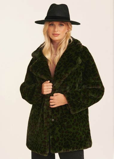 Gini London Khaki Leopard Print Faux Fur Coat Jacket