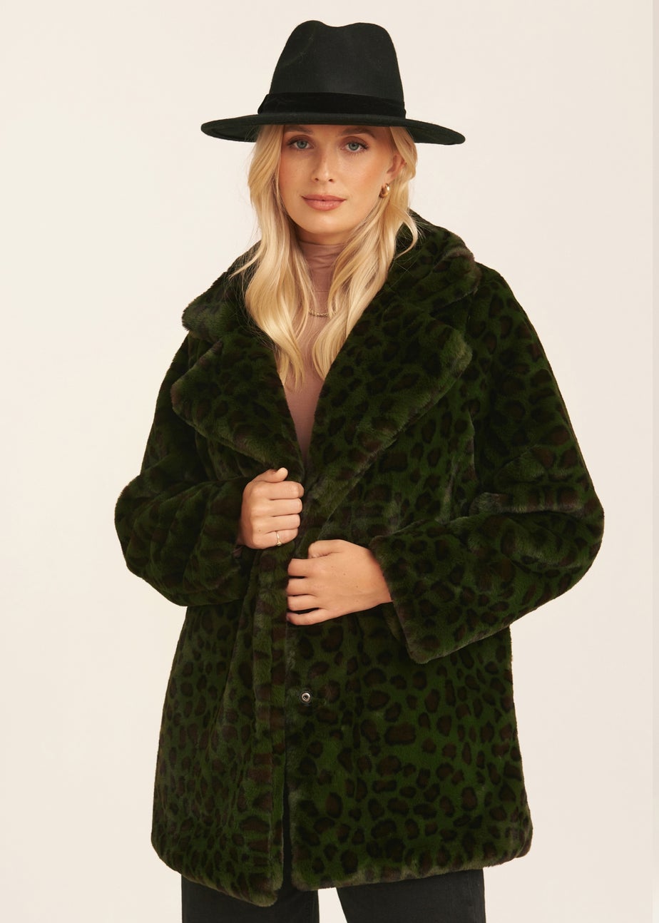 Gini London Khaki Leopard Print Faux Fur Coat Jacket