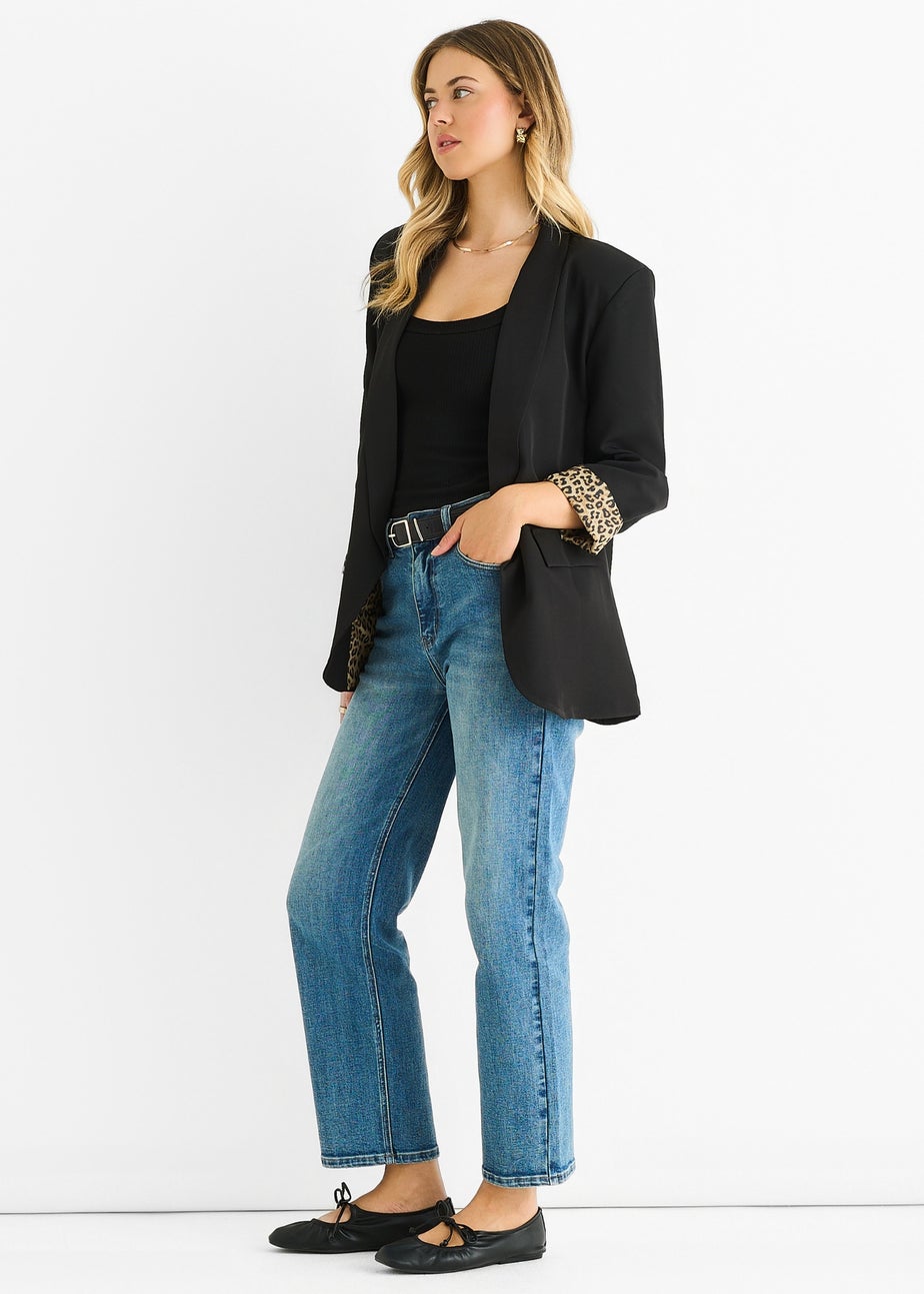 Gini London Black Contrast Animal Edge to Edge Blazer