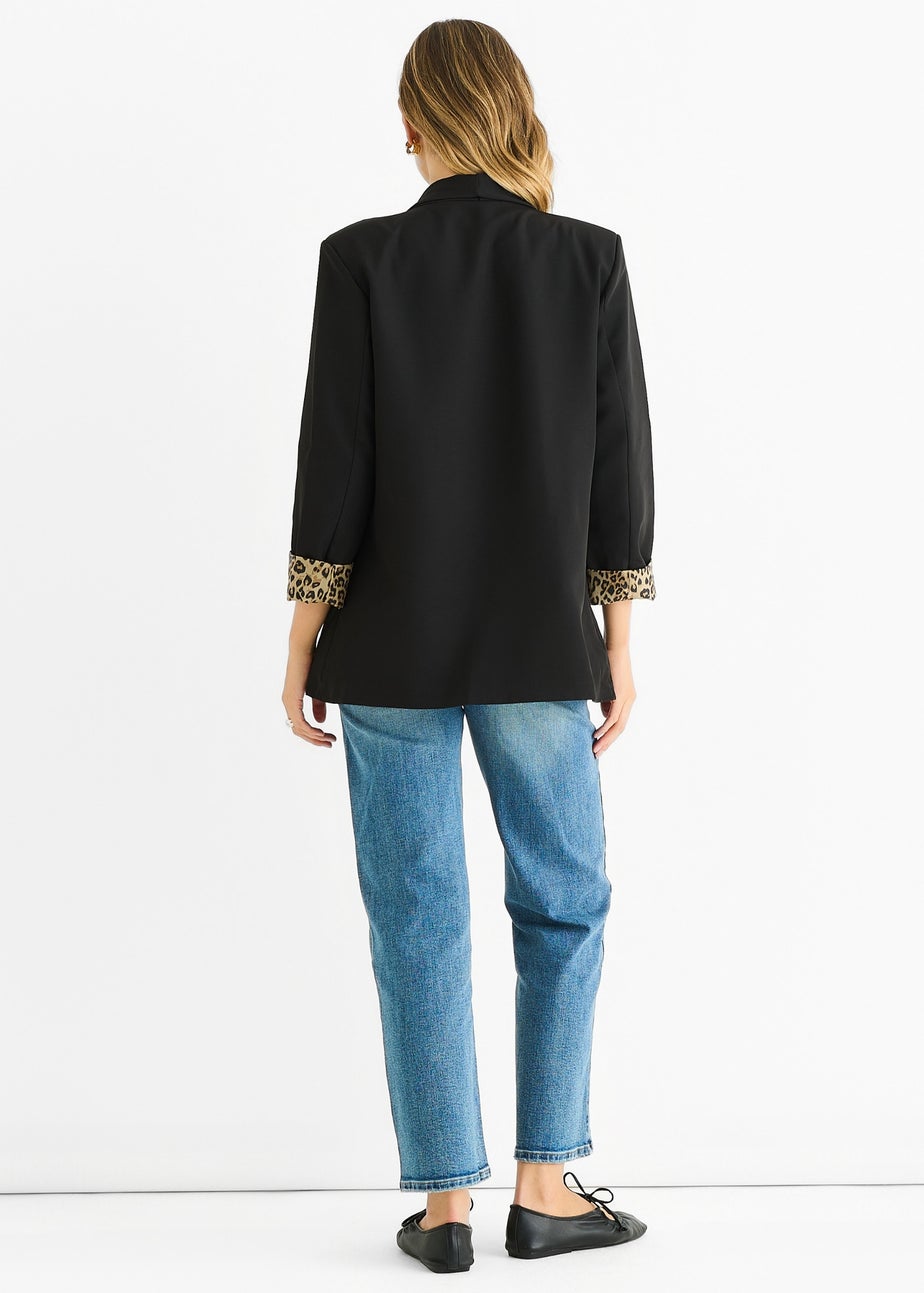 Gini London Black Contrast Animal Edge to Edge Blazer