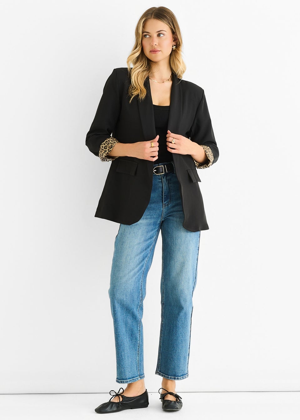 Gini London Black Contrast Animal Edge to Edge Blazer