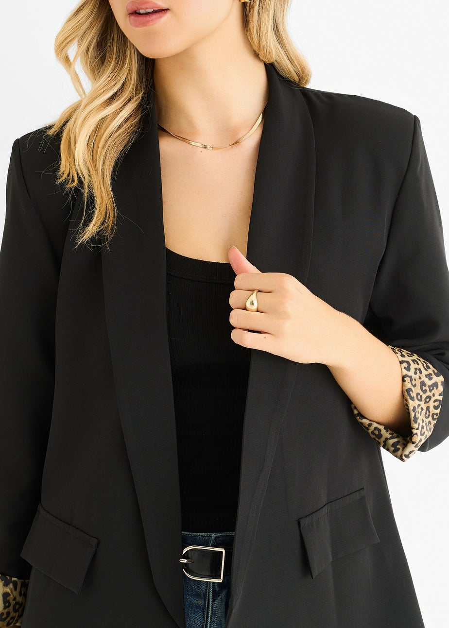 Gini London Black Contrast Animal Edge to Edge Blazer