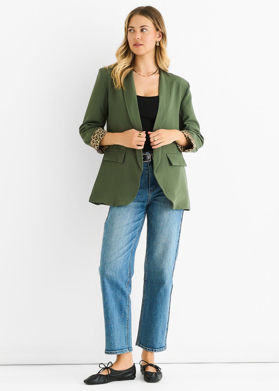 Gini London Khaki Contrast Animal Edge to Edge Blazer