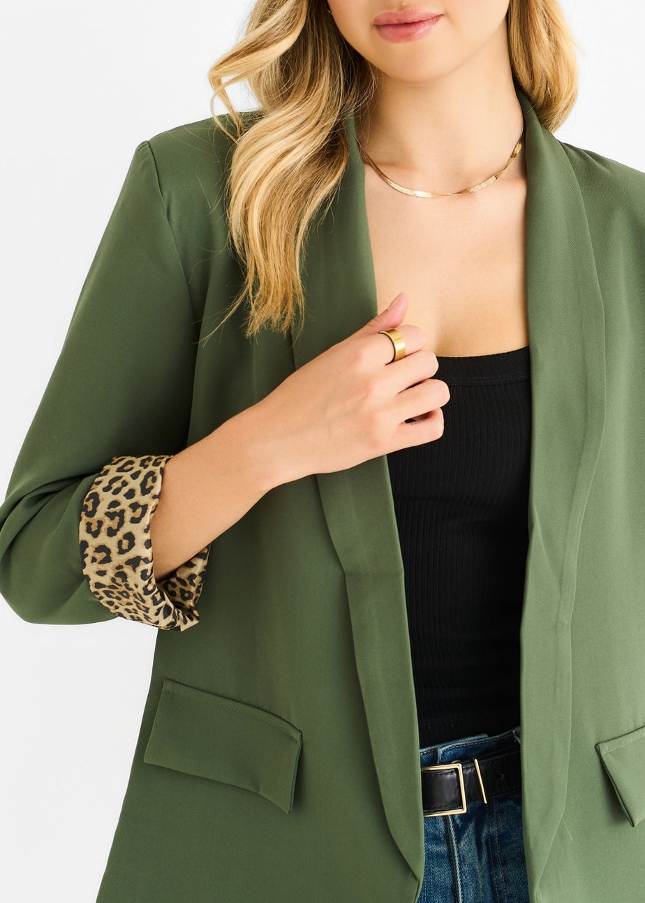 Gini London Khaki Contrast Animal Edge to Edge Blazer
