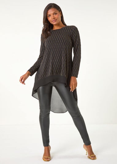 Roman Gold Metallic Print Chiffon Hem Stretch Top