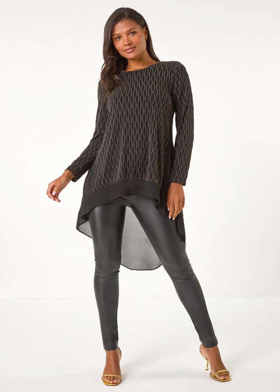 Roman Gold Metallic Print Chiffon Hem Stretch Top