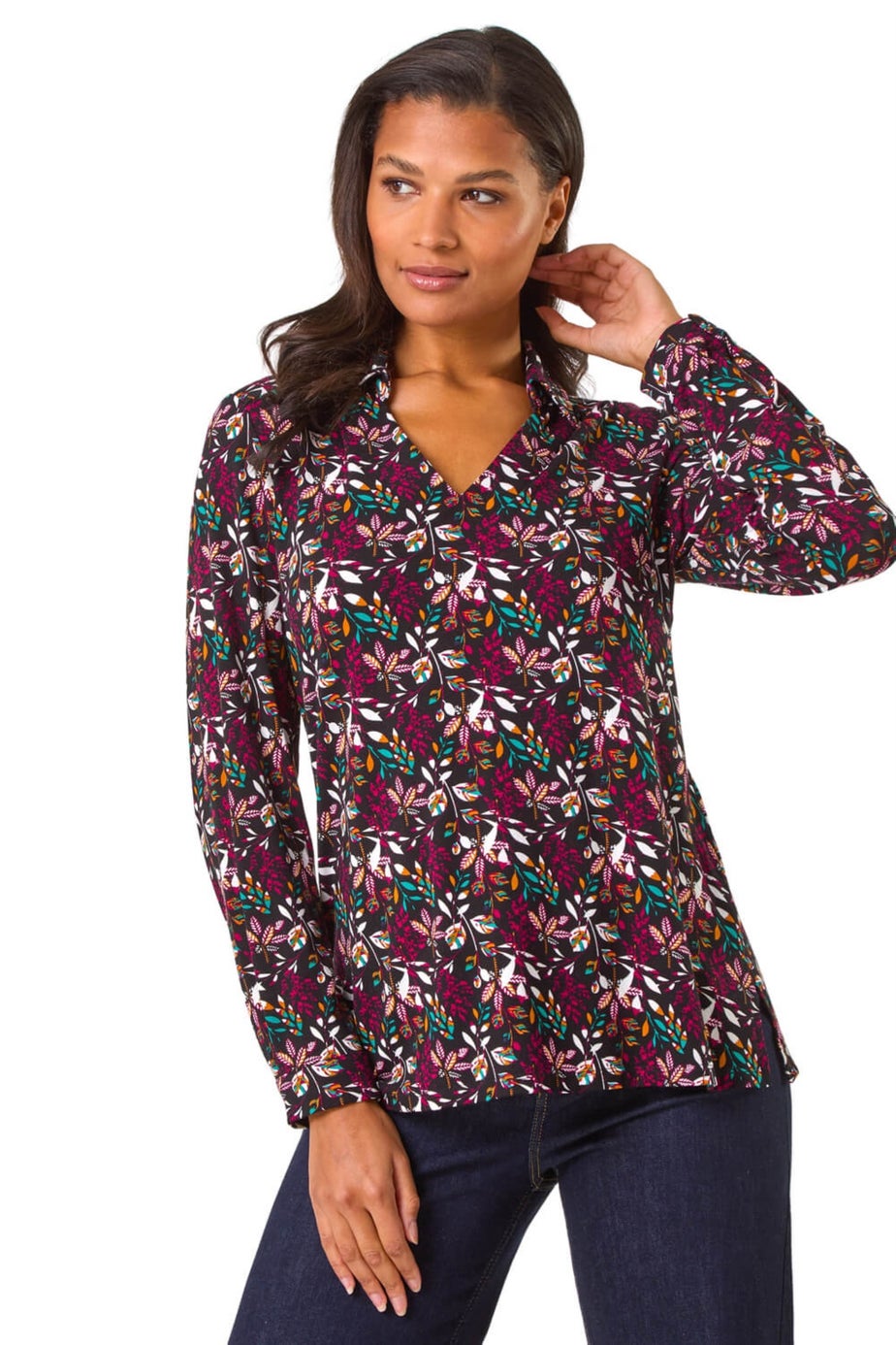Roman Maroon Leaf Print Collared Stretch Top