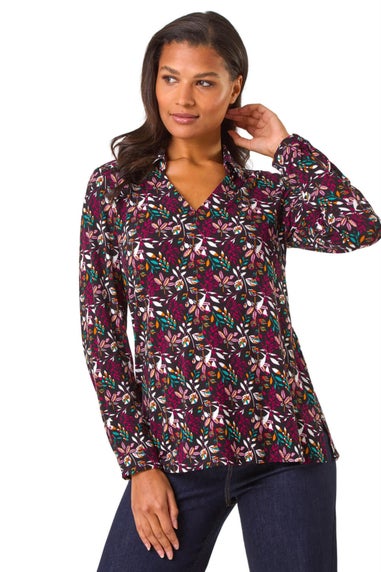 Roman Maroon Leaf Print Collared Stretch Top