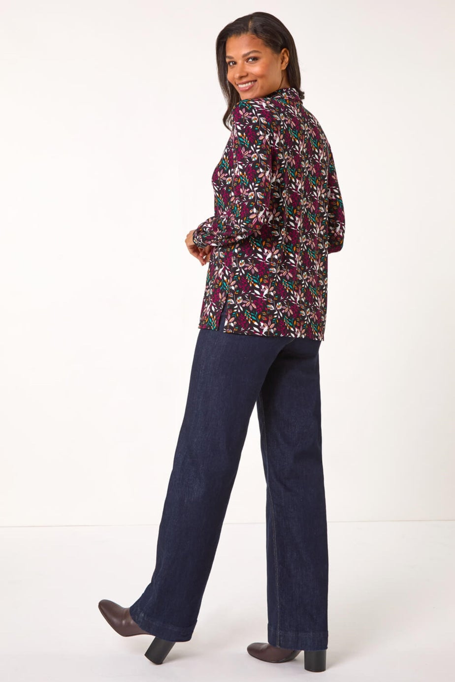 Roman Maroon Leaf Print Collared Stretch Top