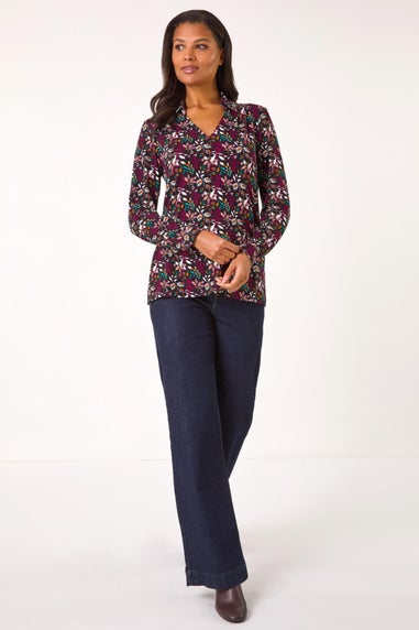 Roman Maroon Leaf Print Collared Stretch Top