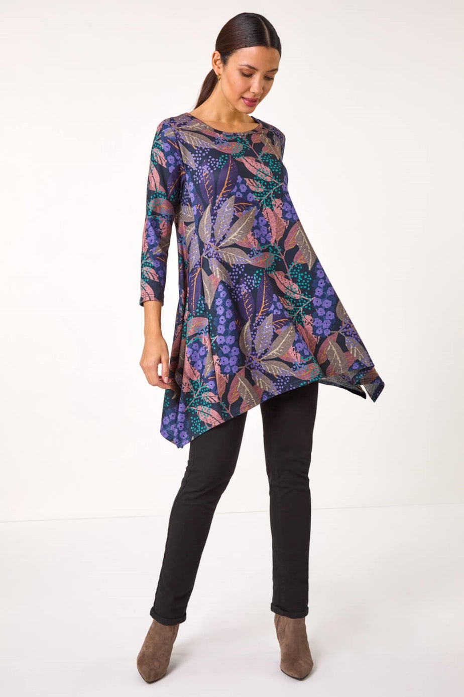 Roman Purple Floral Leaf Print Stretch Tunic