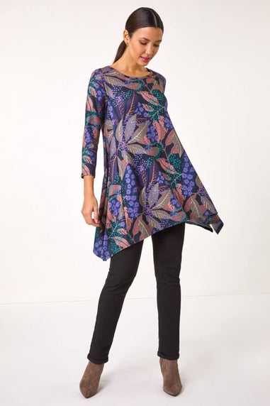 Roman Purple Floral Leaf Print Stretch Tunic